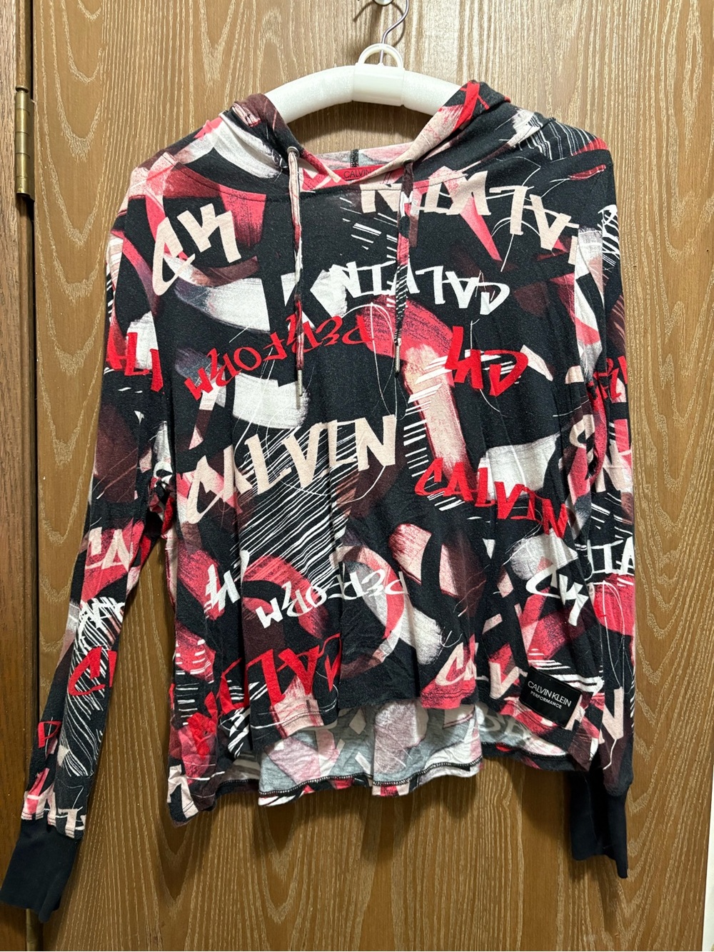 Calvin Klein Women’s Black Red Graphic Hooded Pullover